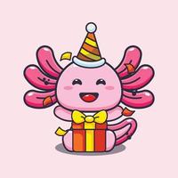 linda ilustración de mascota de dibujos animados axolotl en la fiesta de cumpleaños. vector