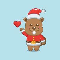 Cute beaver wearing santa costume. Cute christmas cartoon illustration. vector