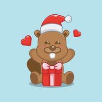 Cute beaver happy with christmas gift. Cute christmas cartoon illustration. vector