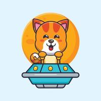 cute cat mascot cartoon character fly with ufo vector