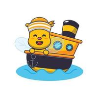 cute bee mascot cartoon character on the ship vector