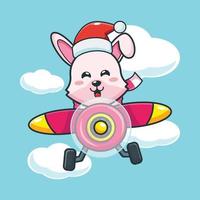 Cute bunny wearing santa hat fly with plane. Cute christmas cartoon illustration. vector