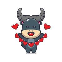 cute buffalo mascot cartoon character illustration in valentine day vector