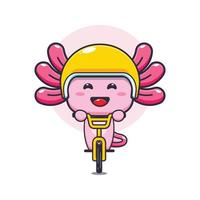 lindo ajolote mascota personaje de dibujos animados paseo en bicicleta vector