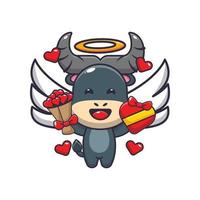 cute buffalo mascot cartoon character illustration in valentine day vector