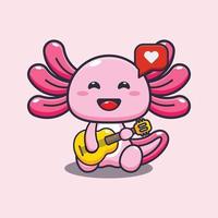 Cute axolotl cartoon mascot illustration playing guitar
