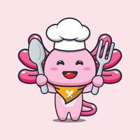 lindo personaje de dibujos animados de la mascota del chef axolotl con cuchara y tenedor vector