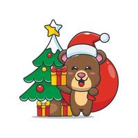 Cute santa bear carrying christmas gift. Cute christmas cartoon illustration. vector