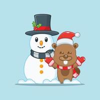 Cute beaver playing with Snowman. Cute christmas cartoon illustration. vector