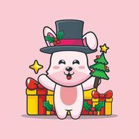 Cute bunny holding star and christmas tree. Cute christmas cartoon illustration. vector