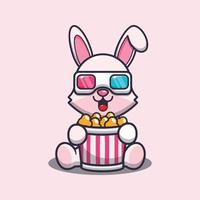 linda ilustración de mascota de dibujos animados de conejito comiendo palomitas de maíz y viendo una película en 3d vector