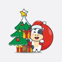 Cute santa cow carrying christmas gift. Cute christmas cartoon illustration. vector