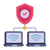 Laptops connected with shield, flat icon of VPN network vector