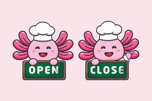 cute axolotl chef mascot cartoon character with open and close board vector