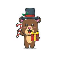 Cute bear holding christmas candy and gift. Cute christmas cartoon illustration.