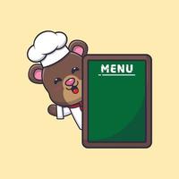 lindo oso chef mascota personaje de dibujos animados con tablero de menú vector