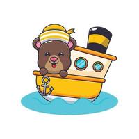 cute bear mascot cartoon character on the ship vector