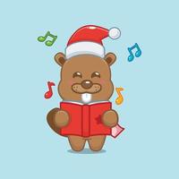 Cute beaver sing a christmas song. Cute christmas cartoon illustration. vector