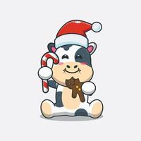 linda vaca comiendo galletas y dulces de navidad. linda ilustración de dibujos animados de navidad. vector