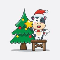 Cute cow taking star from christmas tree. Cute christmas cartoon illustration. vector