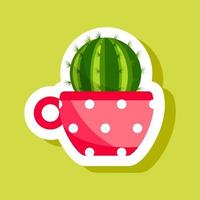 Sticker Cacti and succulent plants in flower pots. Vector sticker set of cute green cacti and succulents in pots. Collection of houseplants in pots. Isolated on white background.