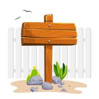 Wooden signpost with stones and cacti with empty space for text. Set of a cartoon of wooden signs of various forms standing on the rocks in a desertv. Vector illustration.