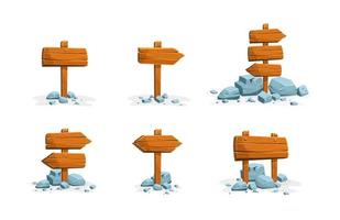 Set of Wooden signpost with stones with empty space for text. Set of a cartoon of wooden signs of various forms standing on the rocks. Vector illustration.