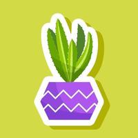 Sticker Cacti and succulent plants in flower pots. Vector sticker set of cute green cacti and succulents in pots. Collection of houseplants in pots. Isolated on white background.