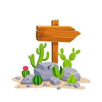 Wooden signpost with stones and cacti with empty space for text. Set of a cartoon of wooden signs of various forms standing on the rocks in a desertv. Vector illustration.