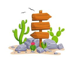 Wooden signpost with stones and cacti with empty space for text. Set of a cartoon of wooden signs of various forms standing on the rocks in a desertv. Vector illustration.