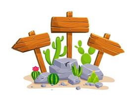 Wooden signpost with stones and cacti with empty space for text. Set of a cartoon of wooden signs of various forms standing on the rocks in a desertv. Vector illustration.