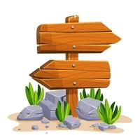 Wooden signpost with stones and cacti with empty space for text. Set of a cartoon of wooden signs of various forms standing on the rocks in a desertv. Vector illustration.