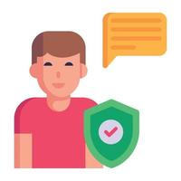 Person, speech bubble and shield, flat icon of secure chat vector