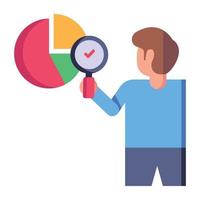 Person checking pie chart with magnifier, flat icon of data analysis vector