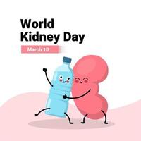 Kidney and mineral water cartoon character vector illustration, as World Kidney Day Poster Or Banner Background.