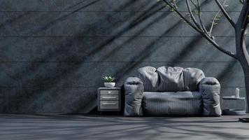 Sofa in front wall, with plant beside it. Side light shadows the trees. Space for banner and logo background. 3D Render. photo