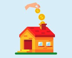 A hand puts many golden coins in the house. Saving up for a house, savings on housing. vector