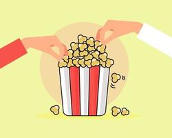 Hands picking bunket of popcorn. Cartoon vector style for your design