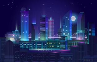 Night City Panorama with Neon Glow on Dark Background. Vector. vector