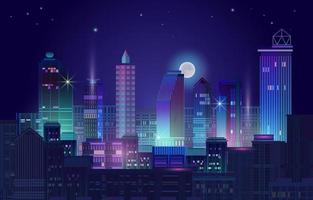 Night City Panorama with Neon Glow on Dark Background. Vector. vector