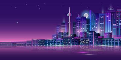 Night City Panorama with Neon Glow on Dark Background. Vector. vector