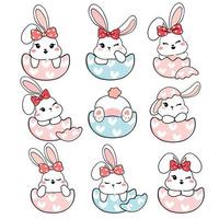 group of cute playful white baby bunny rabbit with bow head in broken Easter egg shell collection, playful animal cartoon hand drawing outline vector, sweet baby girl bunny vector