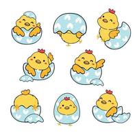 group of cute baby chicken in broken blue easter egg shelln collection, playful animal cartoon hand drawing outline vector