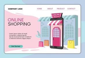 Online shopping illustration, perspective vector style. Banner for online promotion or website. Design for landing page, mobile app, shop online, background, business. Mobile is online store.