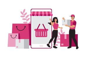 mujeres felices con compras en pago móvil con tarjeta de crédito. compras en línea en una tienda en línea en un sitio web o aplicación móvil. el concepto de vector ama ir de compras. diseño para banner de venta, marketing digital.