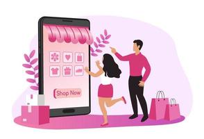 mujeres felices con compras en pago móvil con tarjeta de crédito. compras en línea en una tienda en línea en un sitio web o aplicación móvil. el concepto de vector ama ir de compras. diseño para banner de venta, marketing digital.