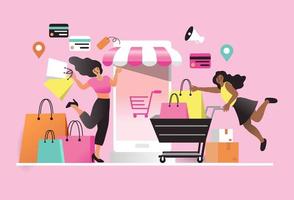 mujeres felices con compras en pago móvil con tarjeta de crédito. compras en línea en una tienda en línea en un sitio web o aplicación móvil. el concepto de vector ama ir de compras. diseño para banner de venta, marketing digital.