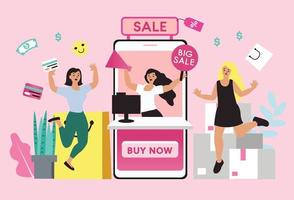 Women happy with shopping on mobile pay by credit card. Shopping online in an online store on a website or mobile application. vector concept loves shopping. Design for Sale banner, Digital marketing.