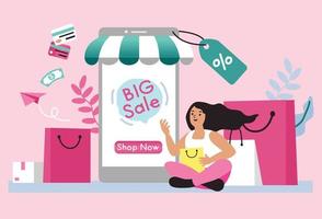 mujeres felices con compras en pago móvil con tarjeta de crédito. compras en línea en una tienda en línea en un sitio web o aplicación móvil. el concepto de vector ama ir de compras. diseño para banner de venta, marketing digital.