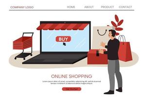 Online shopping illustration, There is a white mobile, a red shopping cart, and a shopping bag. Design for website, sale banner, landing page, mobile app, shop online, online store, business vector